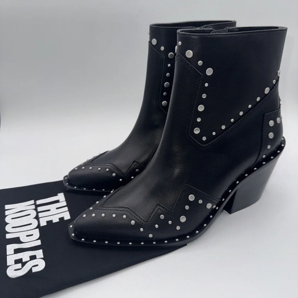 The Kooples Santiag Studded Boot Women's Size 7 EU 38 Black Leather Dustbag